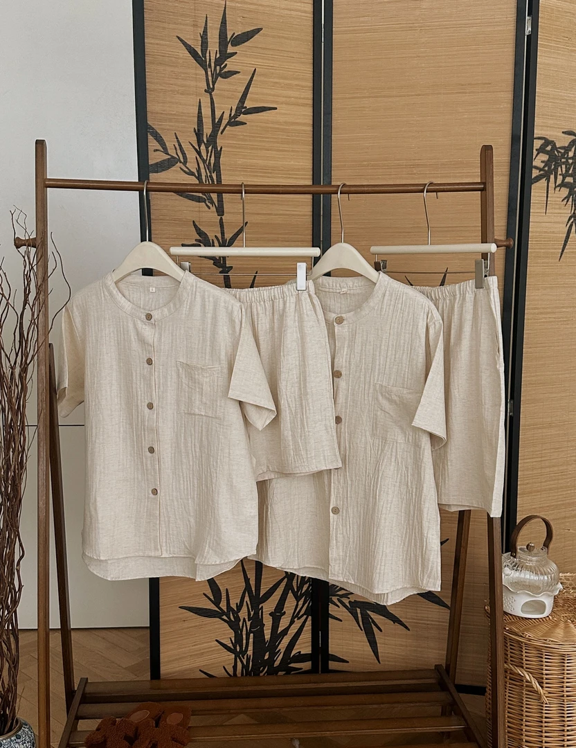 【BLYY】老钱风圆领棉麻男女款家居服套装-MYJ80