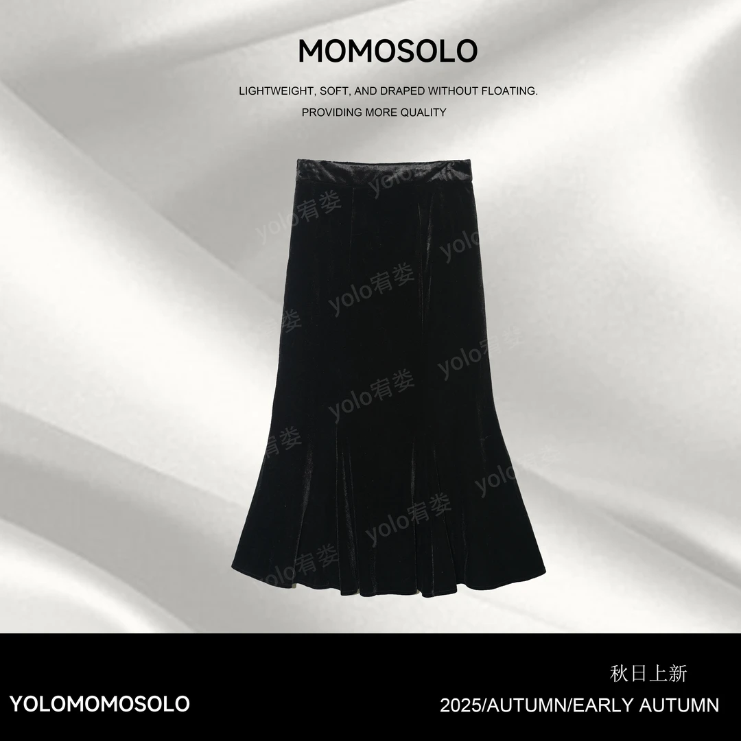 •赫本夜曲•A字裙法式气质时尚黑色复古显瘦丝绒鱼尾裙WW25Q30012