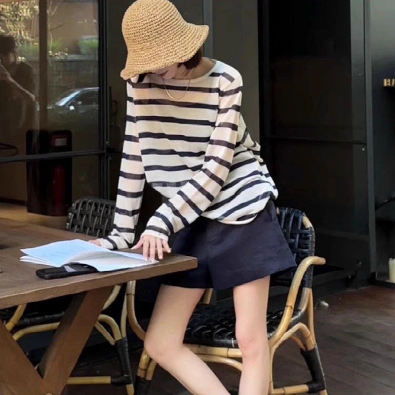黑白条纹长袖防晒T恤女夏季新款吊带外搭慵懒风罩衫上衣