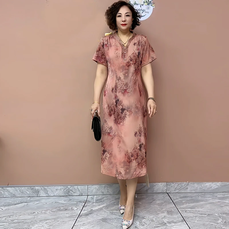 中老年妈妈新款打底裙高级设计感印花拼接长裙子夏季大码连衣裙潮