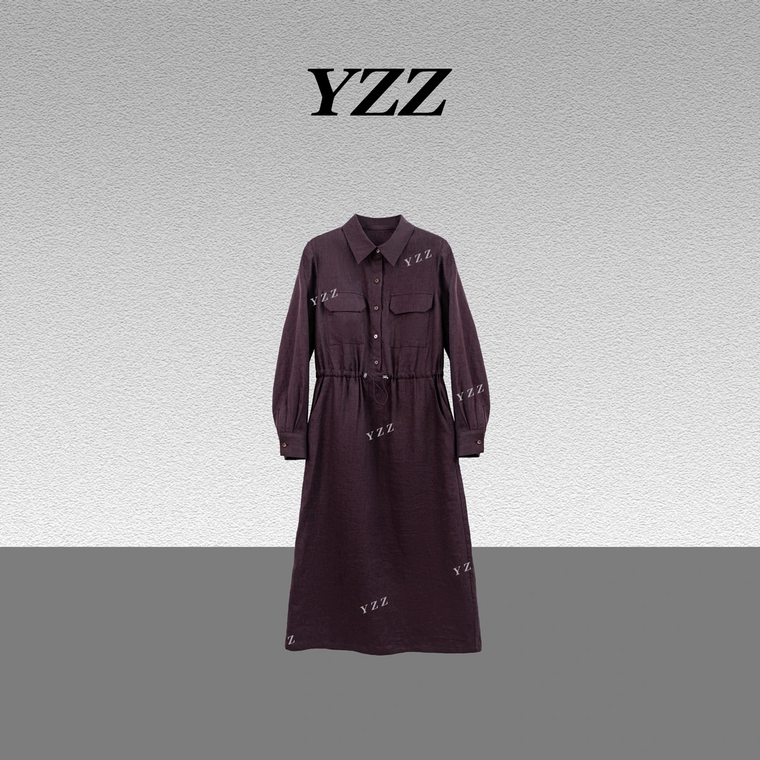 YZZ “翩翩”100亚麻Polo领显瘦连衣裙厚抽绳A字裙 810819