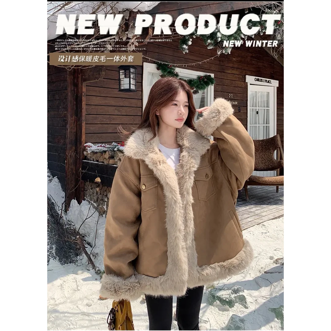 美拉德气质皮毛一体羊羔毛外套女2025冬季加厚保暖毛绒棉衣派克服