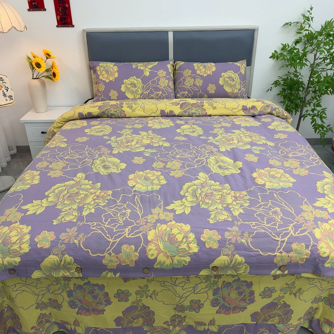 亲肤绵双层纱四件套--叶语柔情纽扣透气舒适高级感新款夏季用机洗