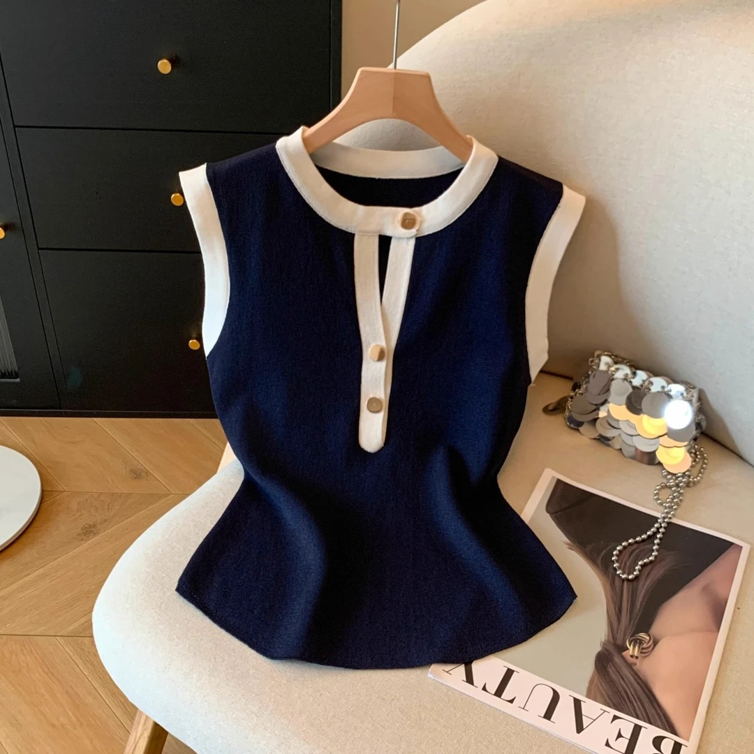 小香风洋气撞色无袖针织背心女夏季薄款老钱风高级感修身短款上衣