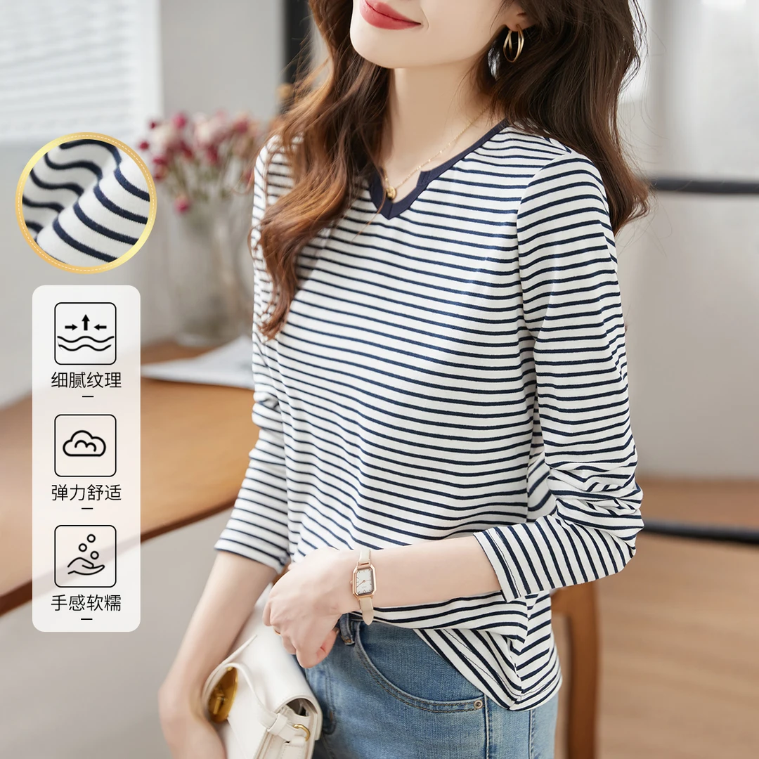 正肩修身显瘦打底衫洋气条纹长袖t恤2025秋季新款时尚减龄女装潮