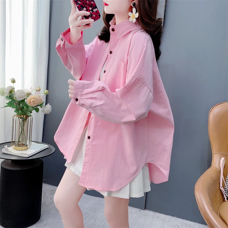 糖果色长袖衬衫女早春2025新款宽松薄款休闲百搭纯色衬衣外套上衣