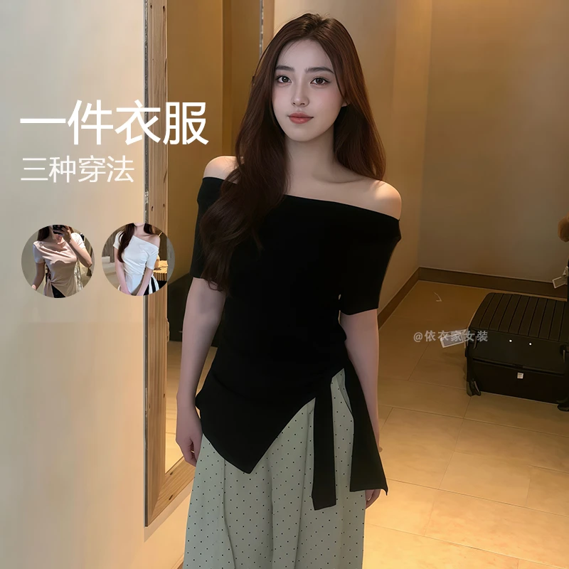 露肩上衣收腰绑带修身显瘦短袖T恤女夏季辣妹斜领一字领上衣别致
