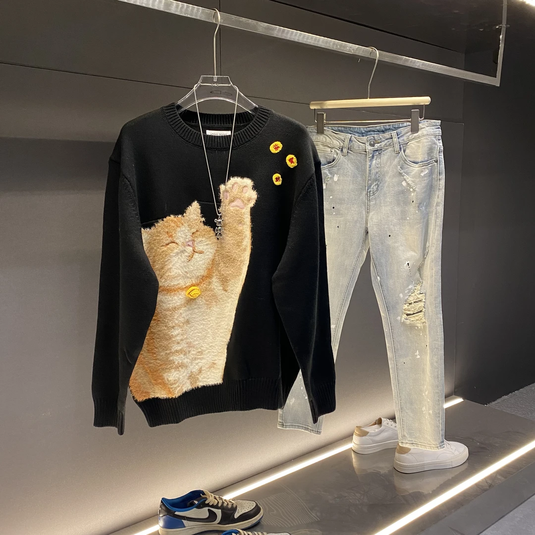 冬季新款休闲风圆领小猫抓花可爱毛衣男毛针织衫上衣