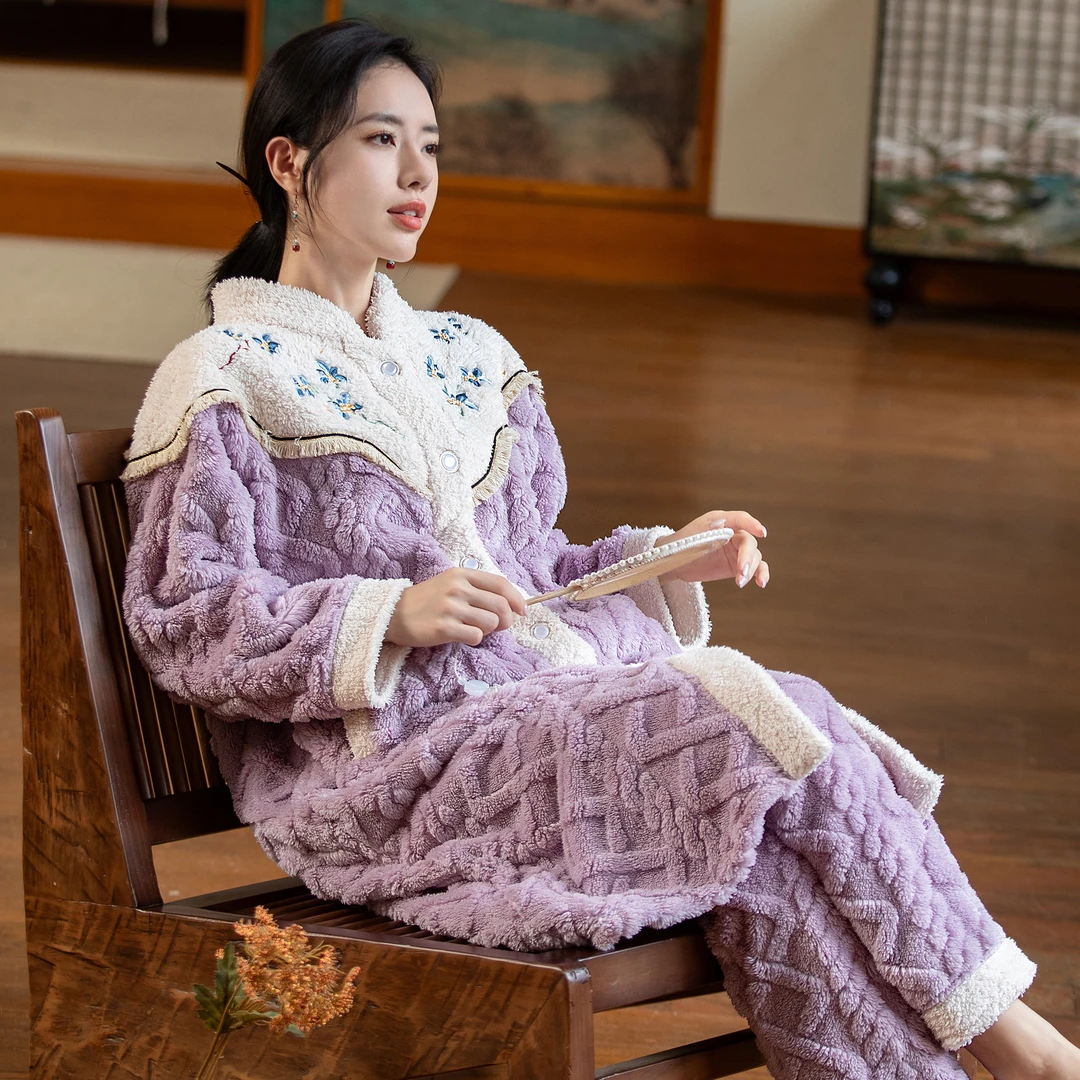 松子壳高级时尚新中式国风睡衣女秋冬季加厚加绒中长款家居服睡袍