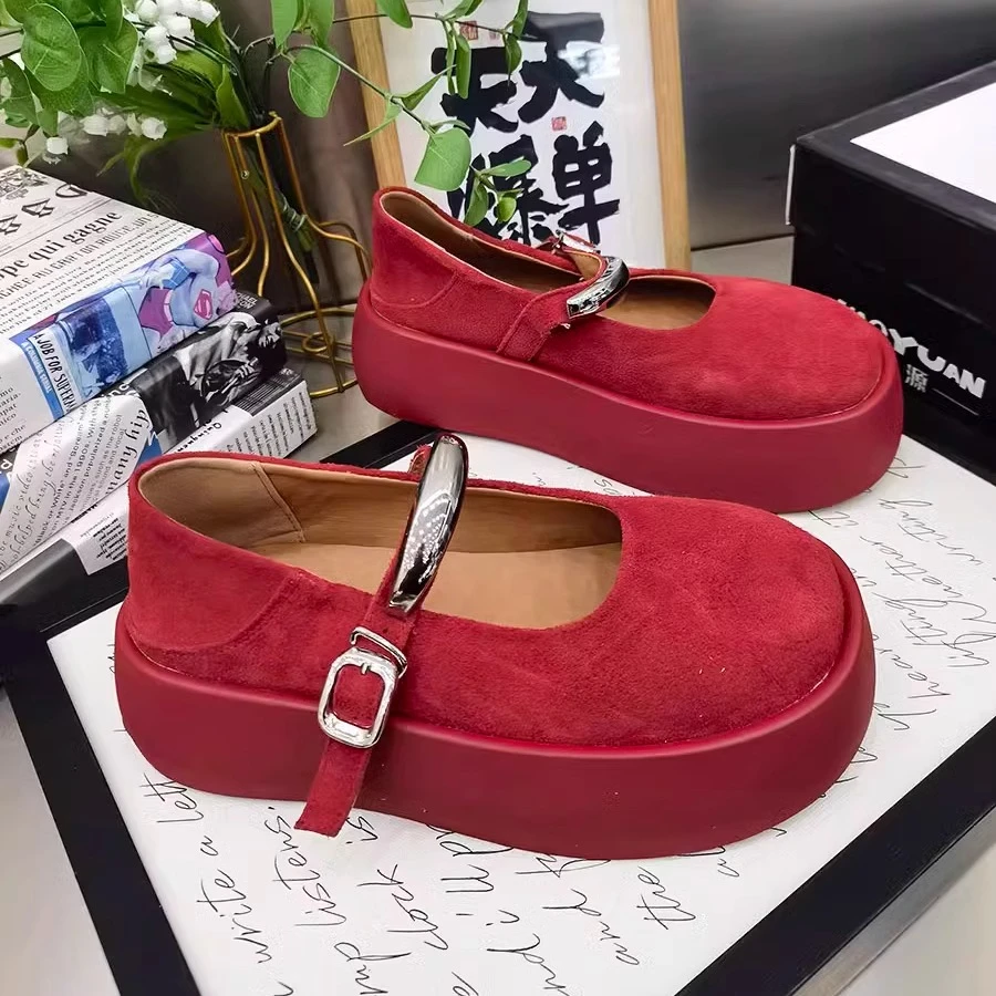 2025夏季新款磨砂皮松糕玛丽珍女鞋一字扣带圆头松糕厚底休闲鞋女