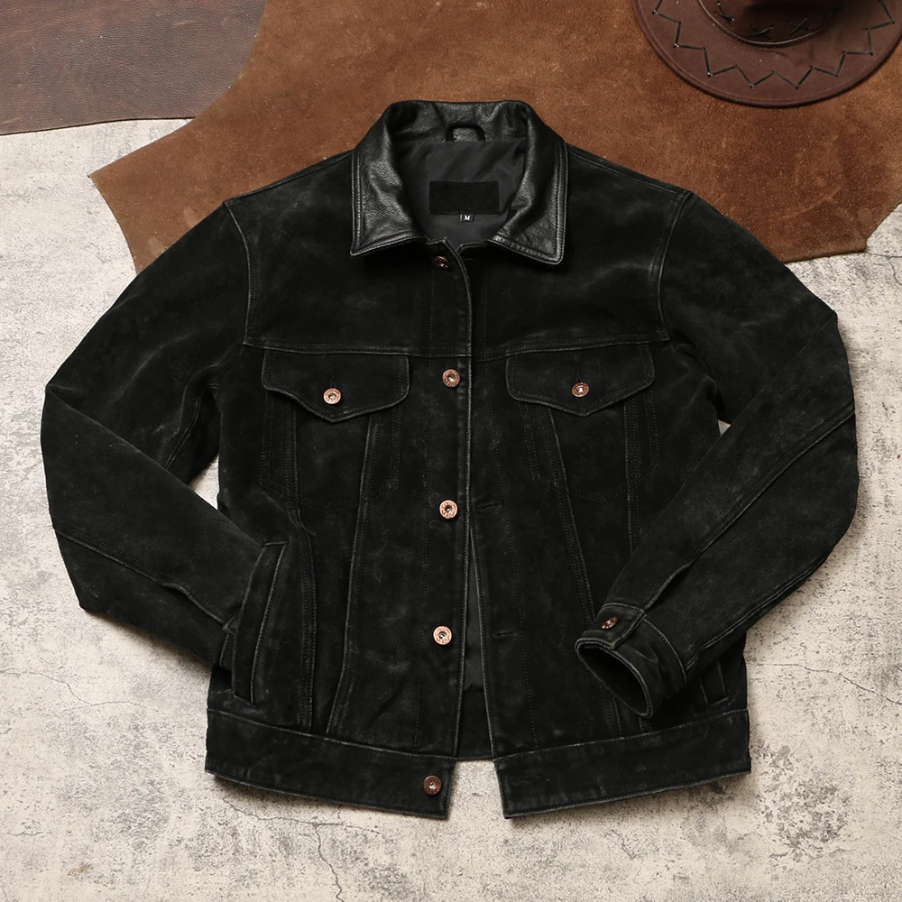 复古507工装皮夹克水洗做旧反绒牛皮外套男士春秋修身牛仔款皮衣