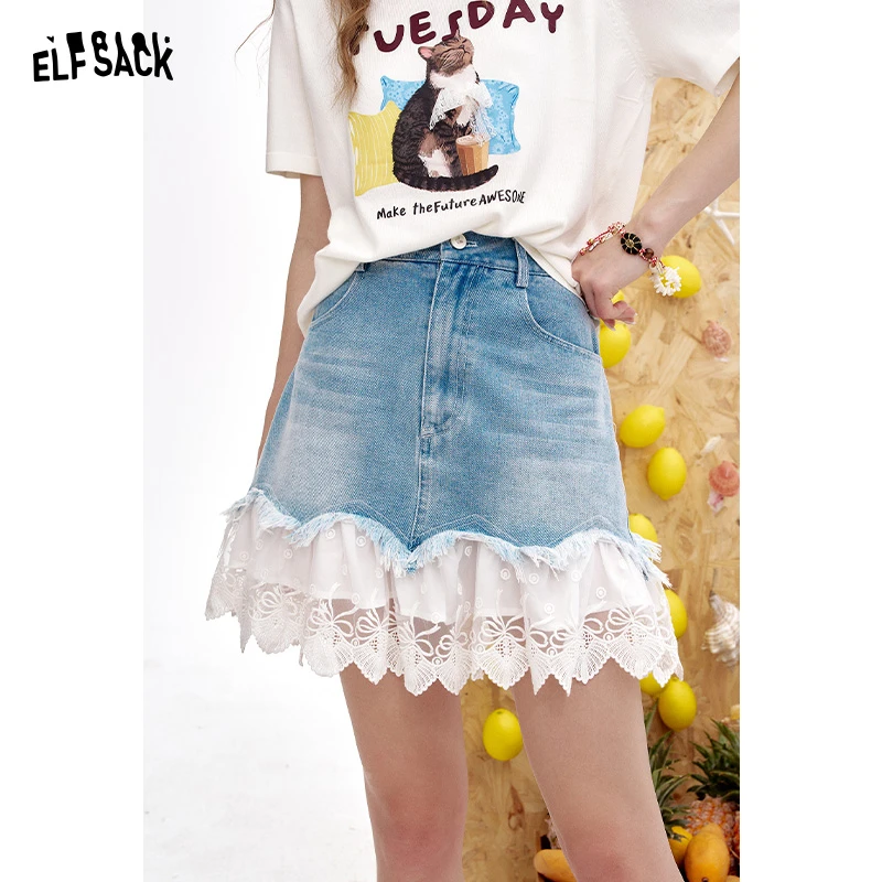 妖精的口袋夏季蕾丝花边拼接a字牛仔半身裙女2025夏季新款短裙子