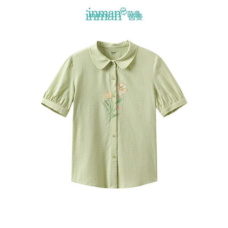 【商场同款】茵曼重工花卉短袖T恤2025夏季女装新款小翻领上衣