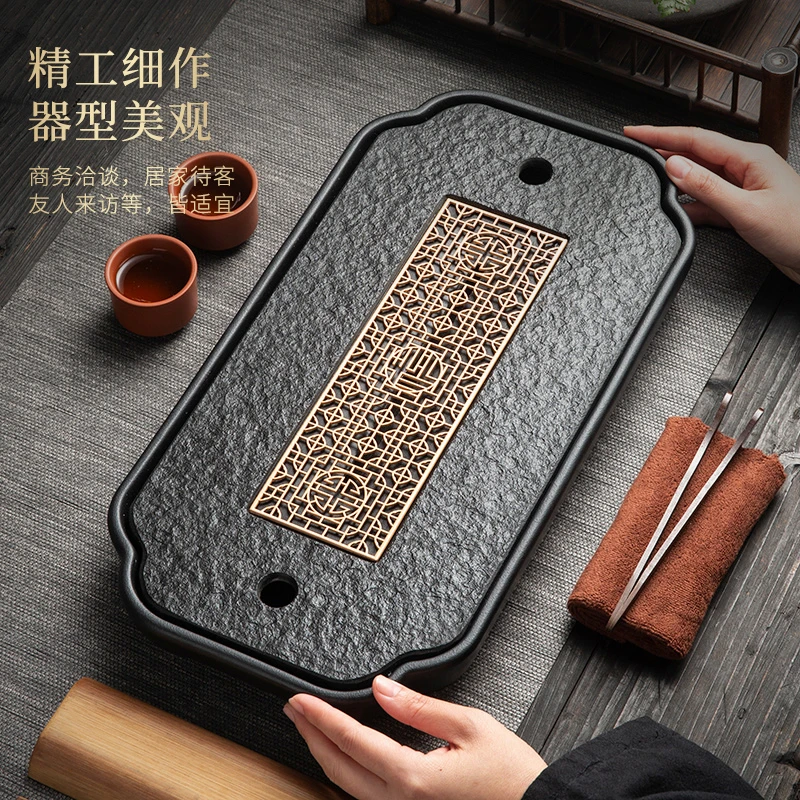 茶盘乌金石家用简约功夫茶具小型排水储水式干泡茶台石头沥水托盘