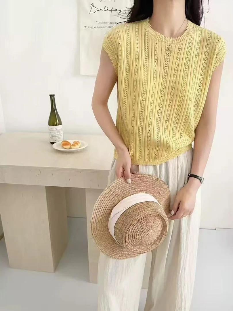 毛针织衫短款圆领无袖短袖坎肩通勤宽松女镂空复古