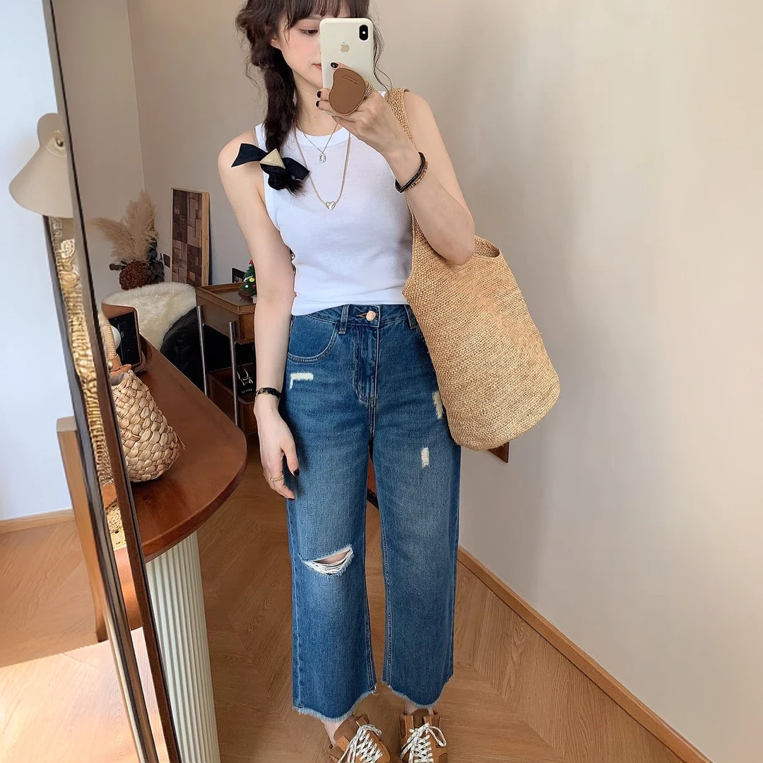 破洞流苏法混牛仔裤女夏季高腰宽松显瘦窄版直筒毛边九分阔腿裤子