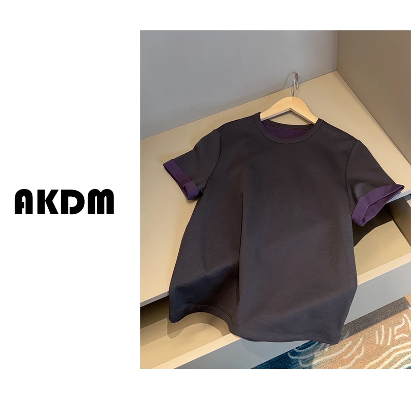 AKDM高品定制双织拼接精梳棉卷边撞色T恤25T1003