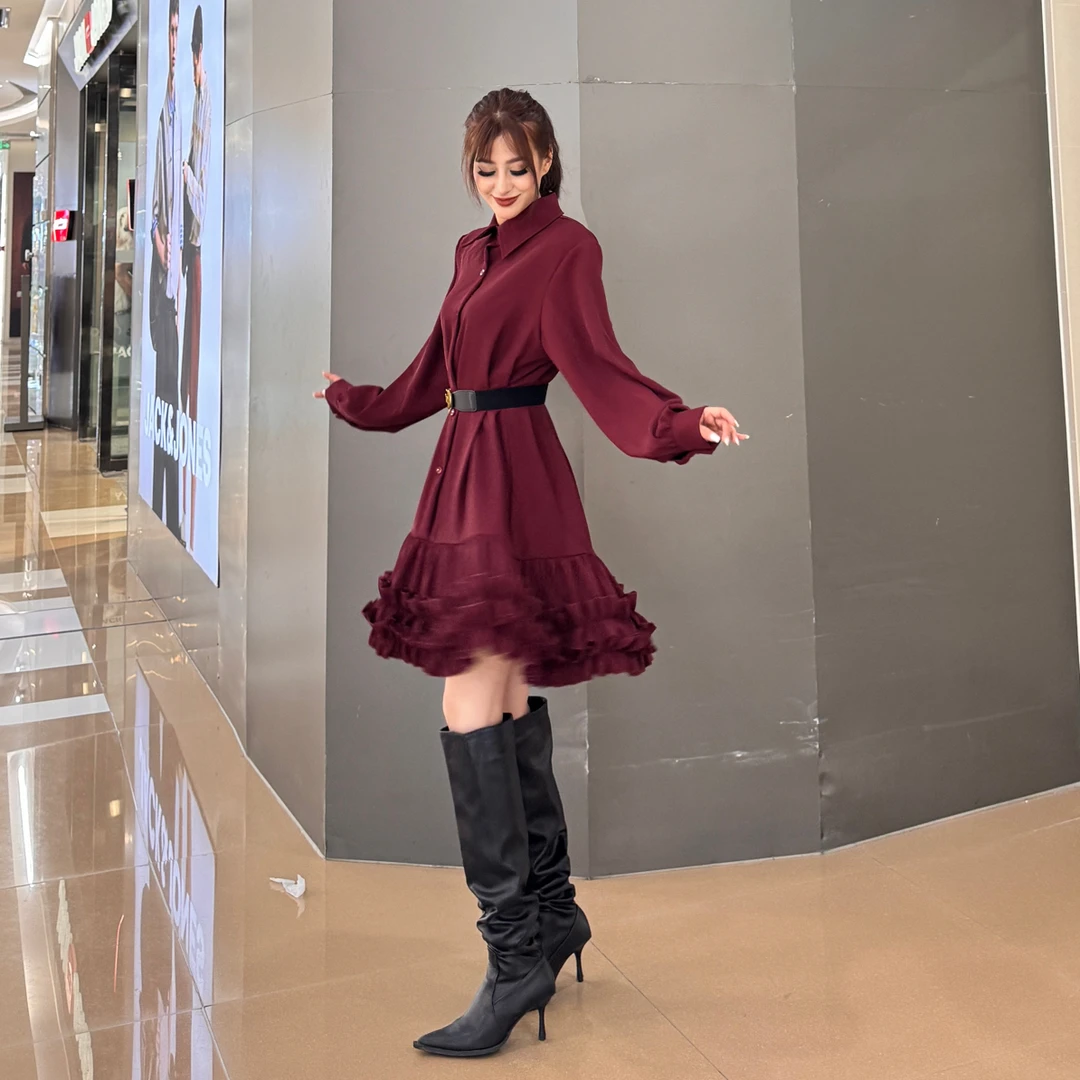 秋季法式甜美清新重工衬衫设计感宽松白色大摆蓬蓬连衣裙