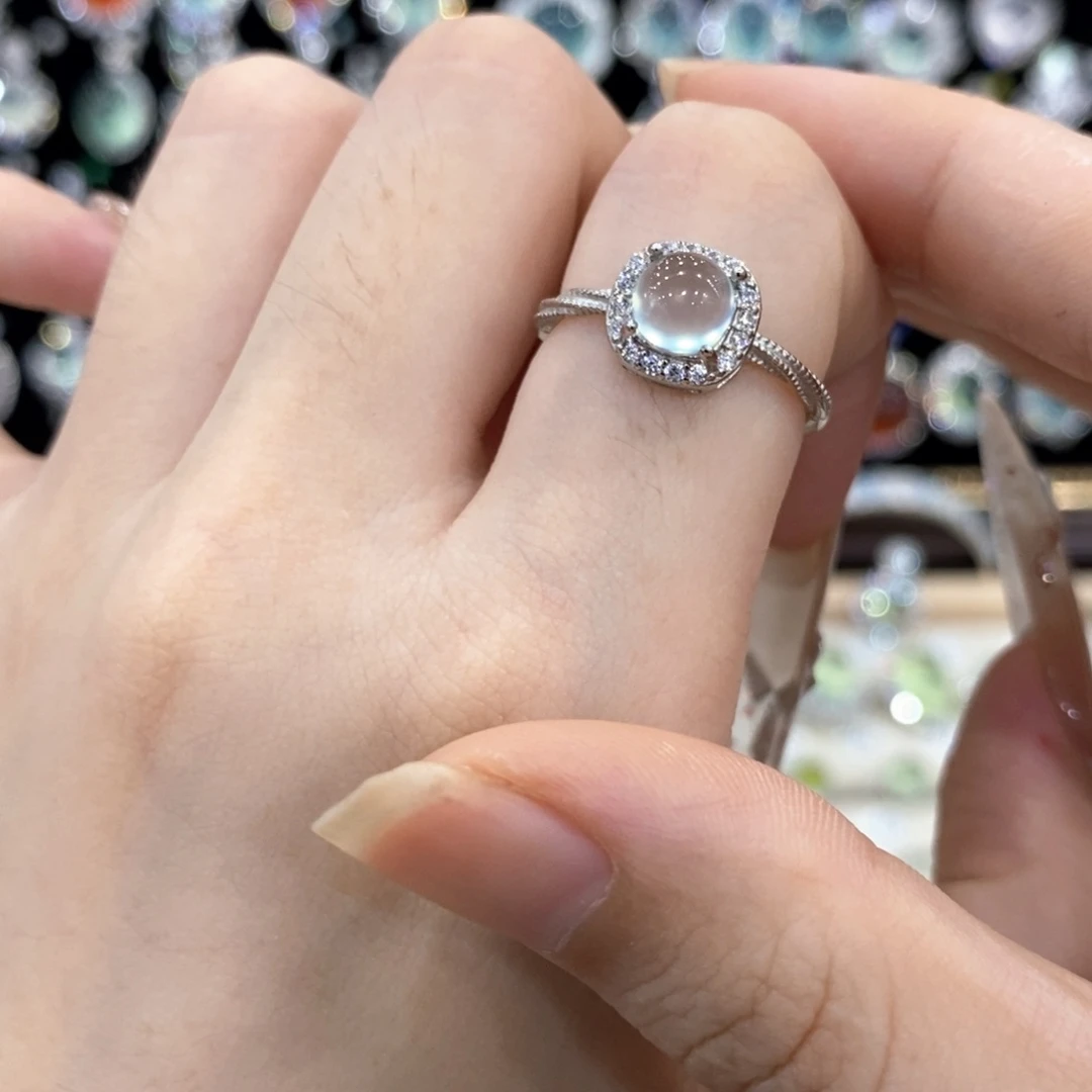 蛇纹石玉银S925镶嵌戒指天青冻