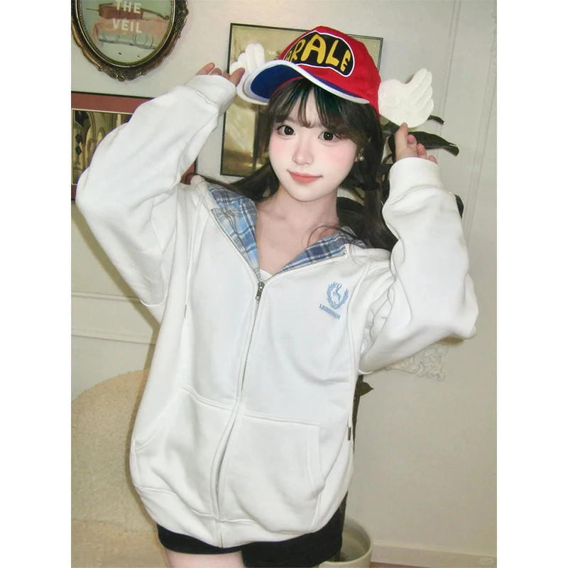 复古国潮牌格子拼接加绒加厚连帽外套女秋冬季设计感宽松开衫卫衣