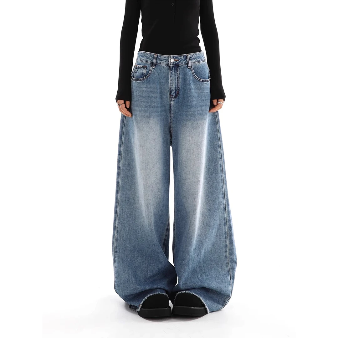 美式高街水洗浅蓝色阔腿牛仔裤女春季新款懒惰风休闲宽松直筒长裤