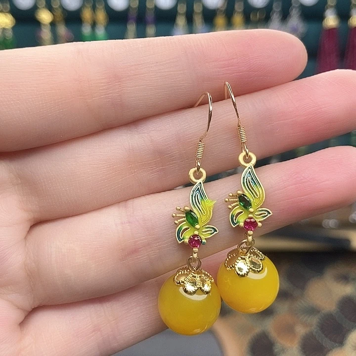 石英质玉耳钉银S925镶嵌