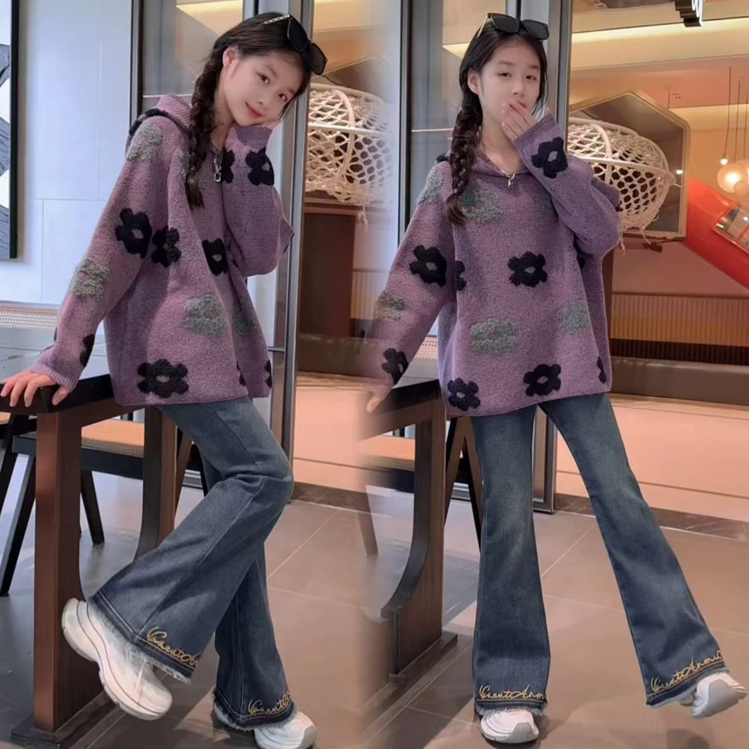 女童套装2025秋冬新款加厚毛衣中大童加绒修身牛仔喇叭裤女孩衣服