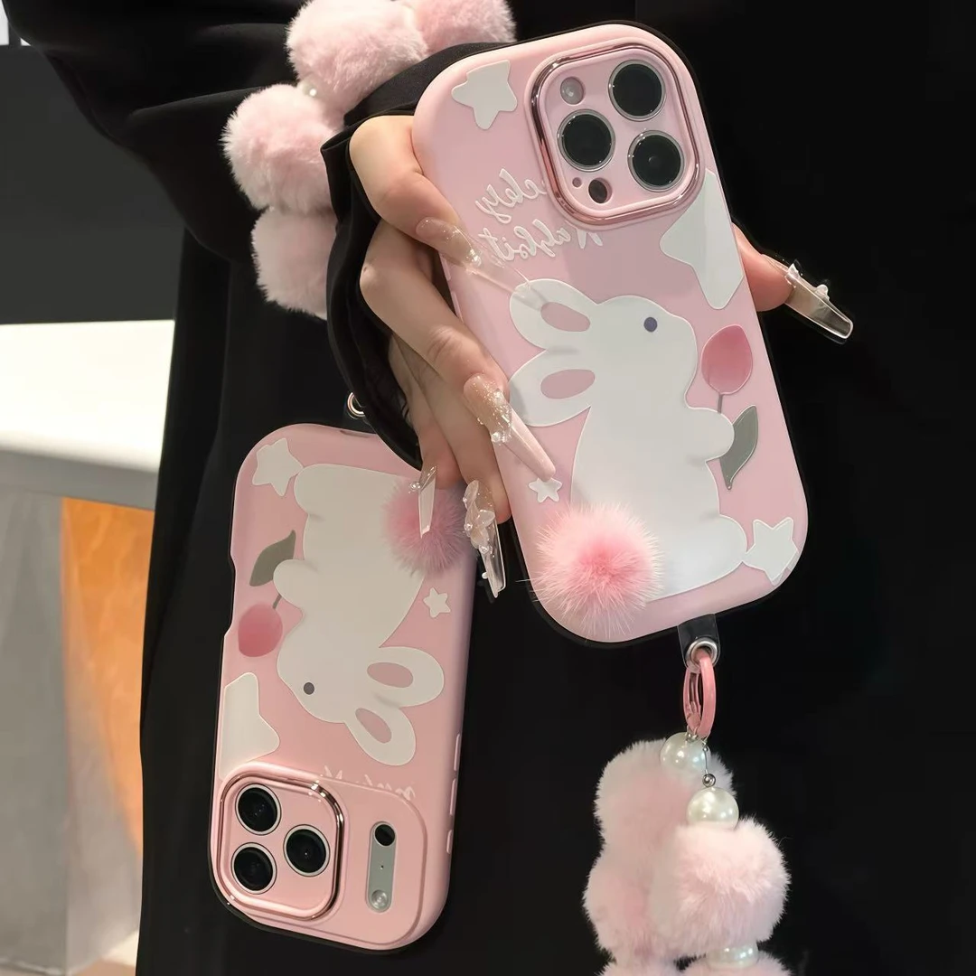 毛绒小兔珍珠手链适用苹果17手机壳iphone16小米14vivoppo华为P70