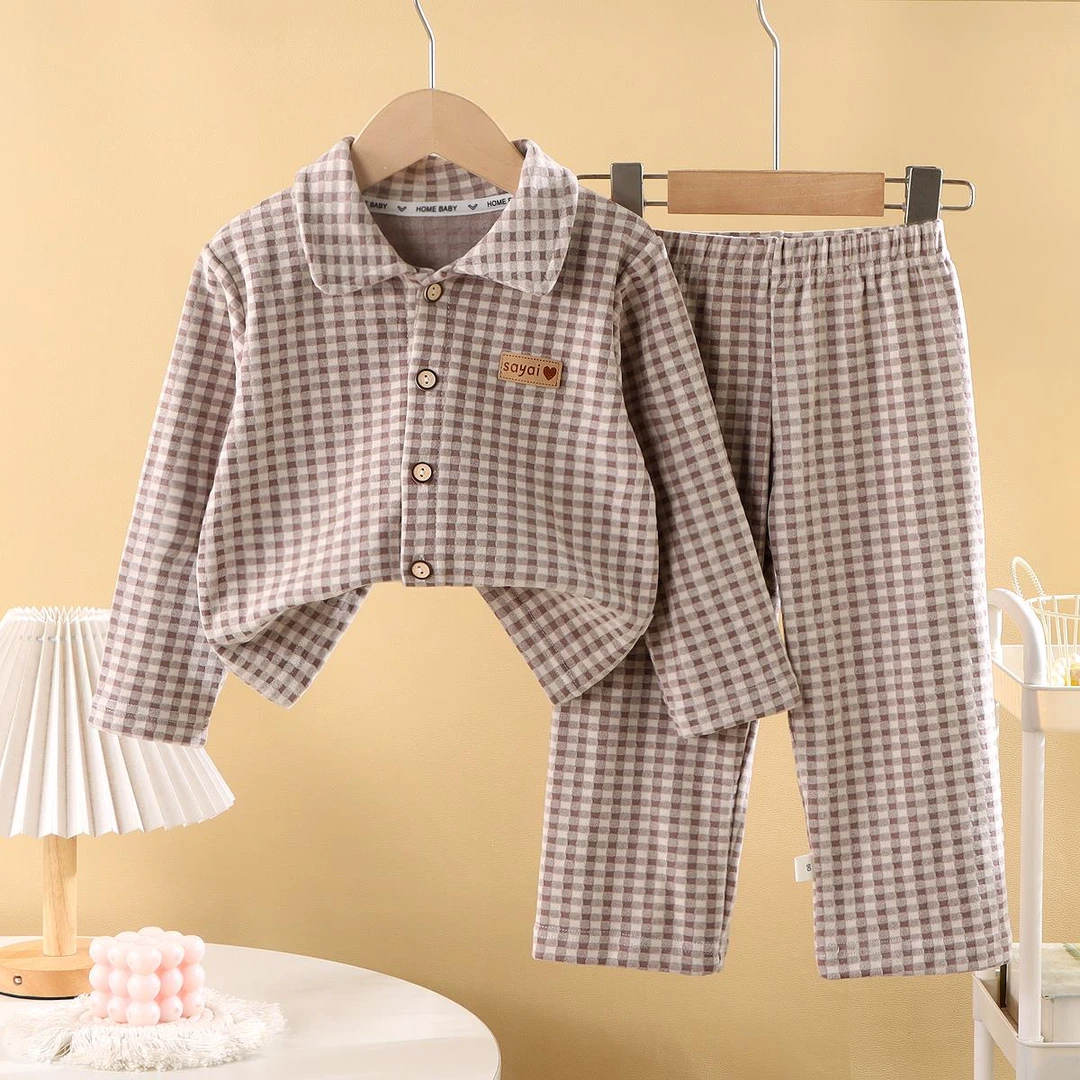 儿童睡衣套装格子春秋新款男女童家居服长袖翻领中小童保暖两件套