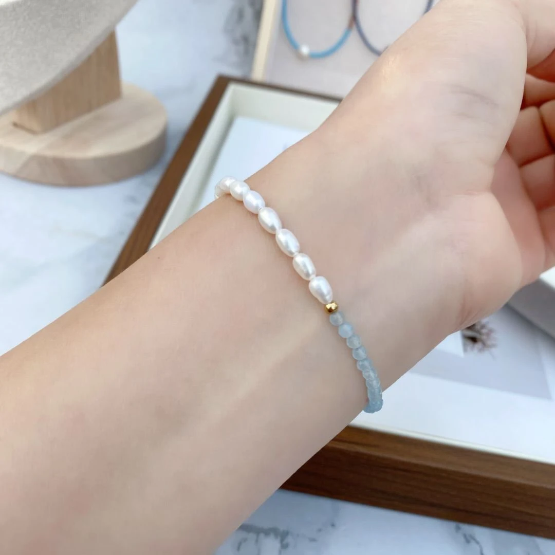 海蓝宝手串3mm可刮粉天然淡水珍珠手链小米珠轻奢小众配饰2025新