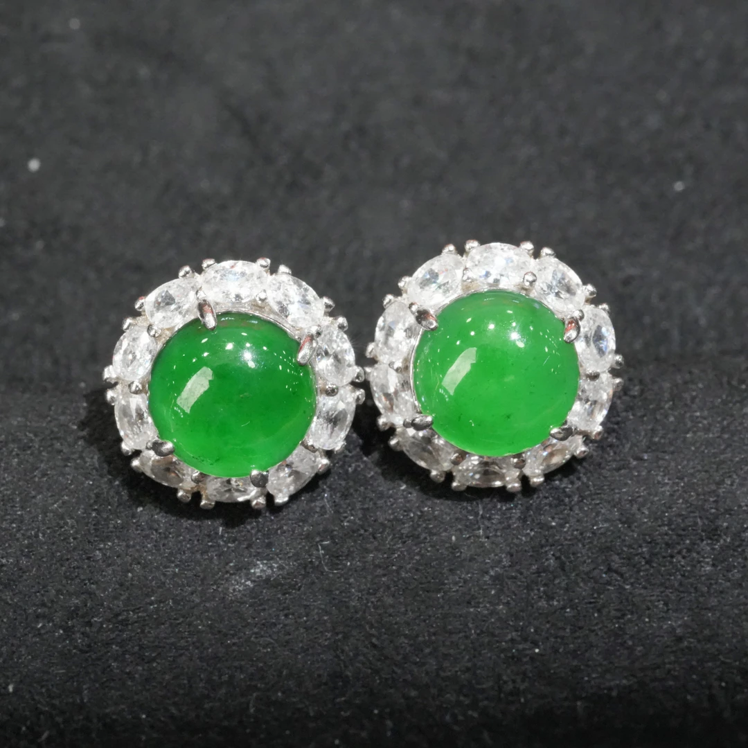 天然A货翡翠蛋面耳钉翡翠耳饰满绿满色精致多样性发其1