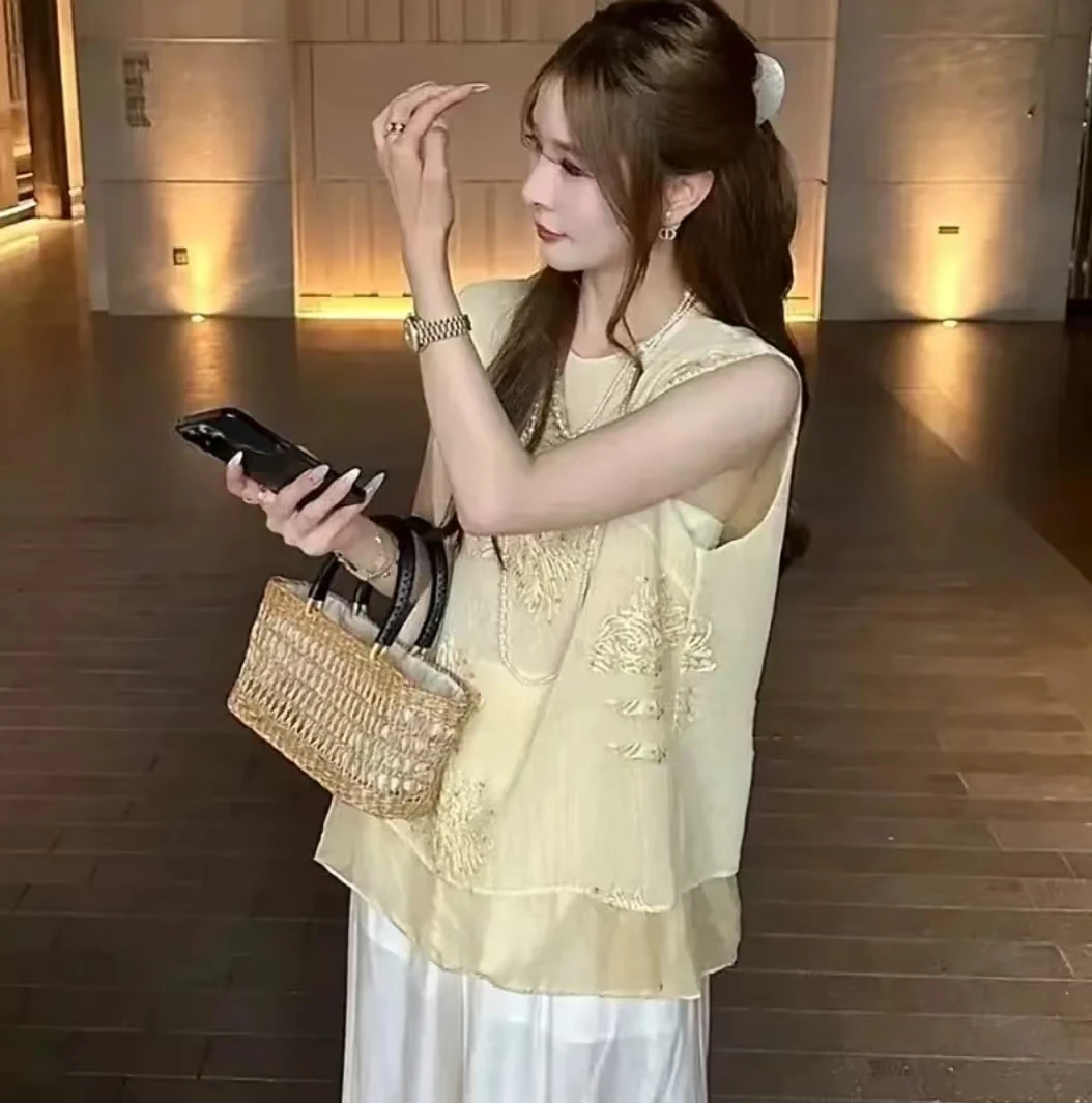 新中式假两件提花拼接无袖背心夏季时尚百搭上衣潮大码修身国风