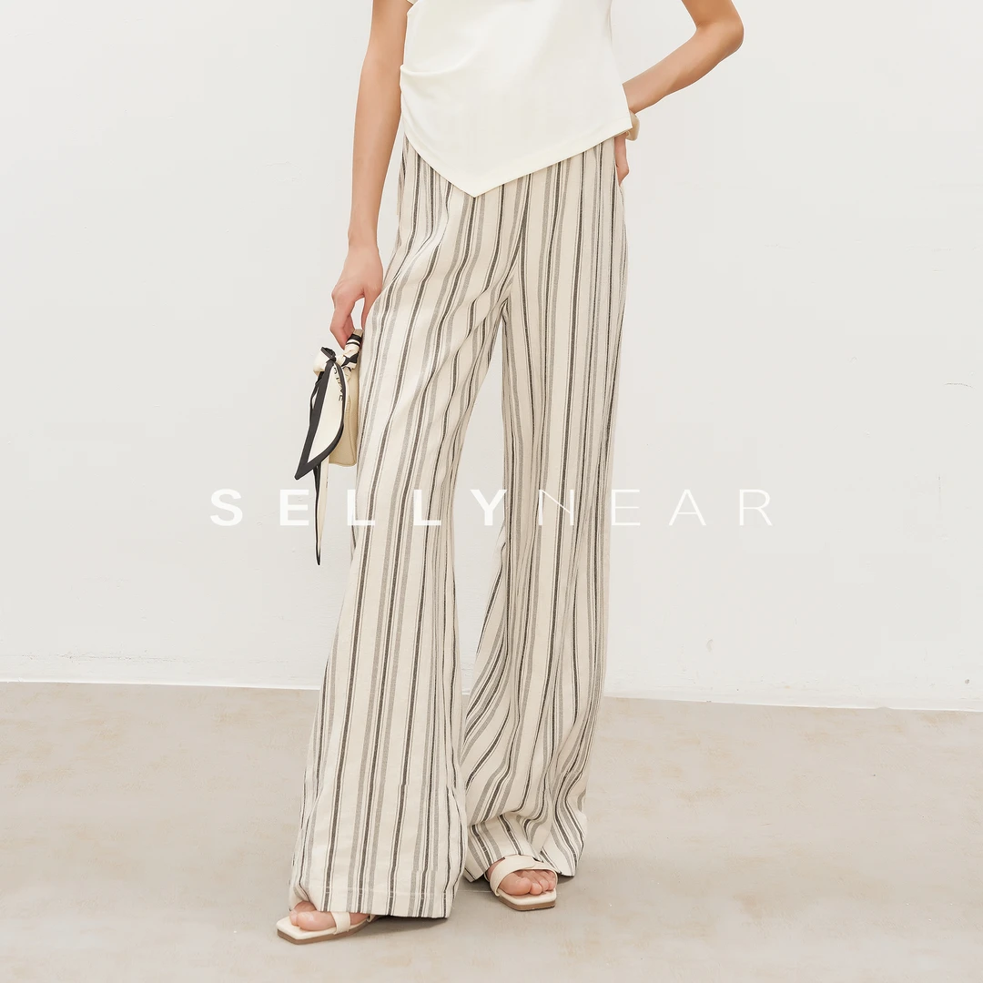 SELLYNEAR孕妇裤子夏季薄款时尚宽松原色麻色织亚麻休闲条纹长裤