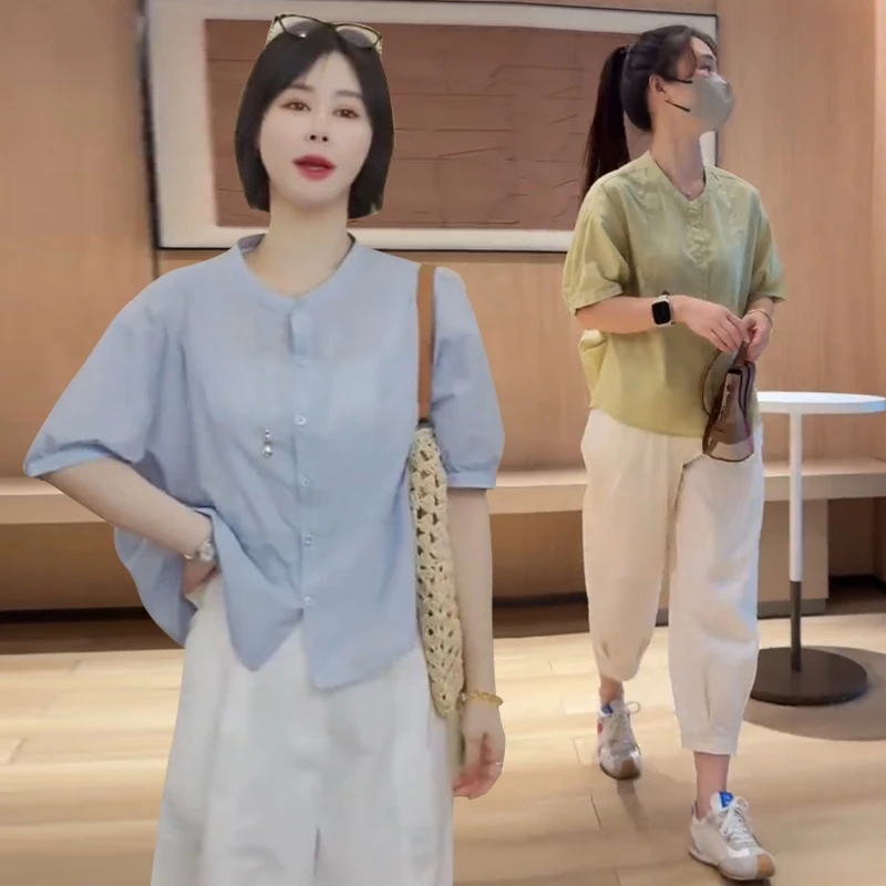 薄款设计感圆领中袖防晒衬衫女2025夏季新款时尚简约显瘦衬衣小衫