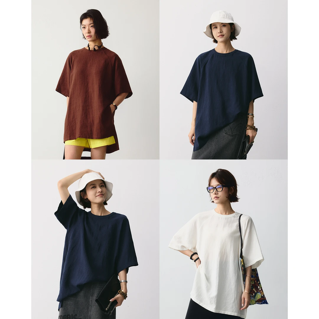 亚麻开叉T/前短后长侧开叉圆领天丝廓形T恤40375