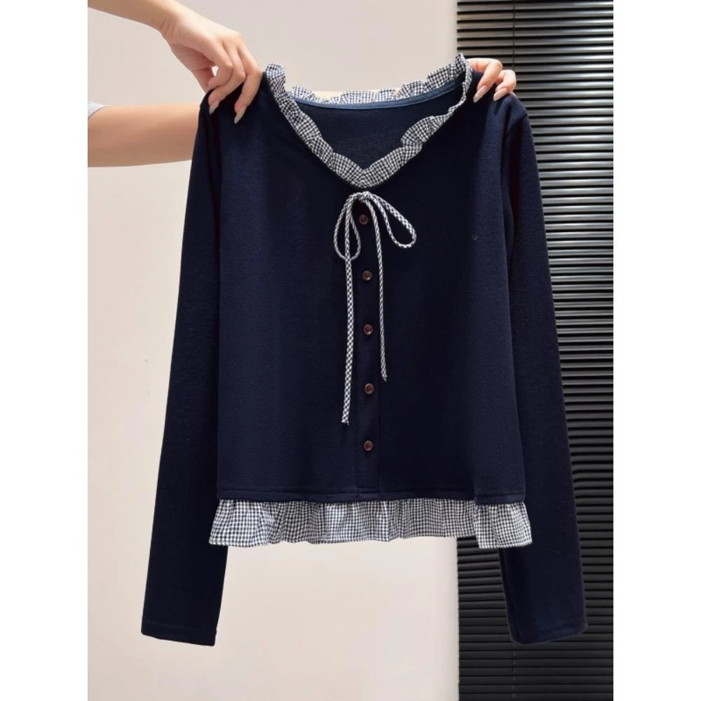 韩系假两件撞色v领长袖针织衫女秋季单穿设计感小众系带打底上衣