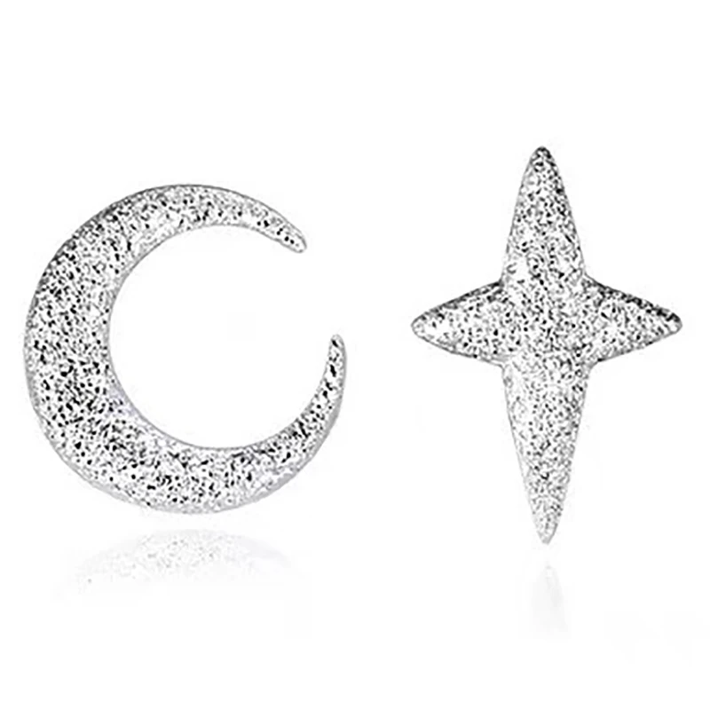 925银耳饰 E0026纯银磨砂星月简约百搭耳钉不对称耳环女轻奢