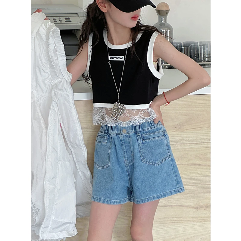 k28430芭蕾风蕾丝拼接女童背心2025夏装新款儿童短款上衣无袖内搭