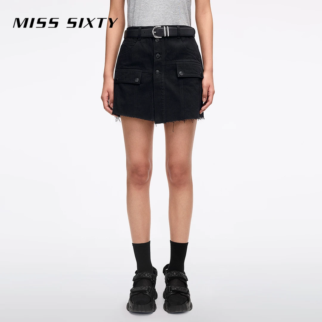 Miss Sixty2025夏季新款牛仔短裤女假两件工装多口袋高腰毛边裙裤