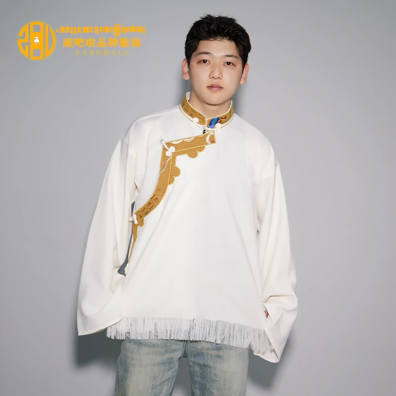 藏吧啦男士高档棉锦贴绣衬衣男款藏袍内搭衬衫藏装服装新款