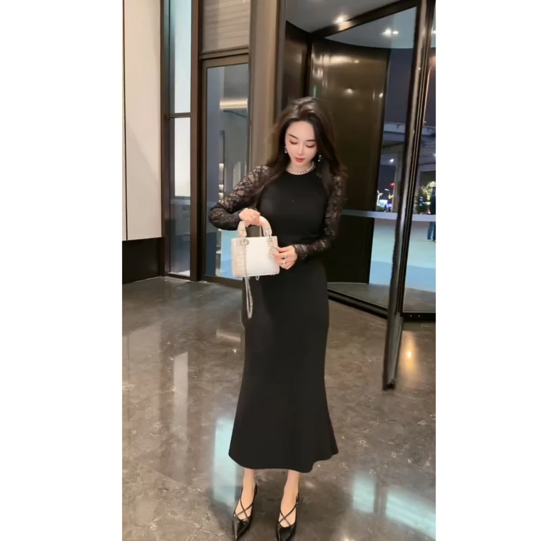法式镂空黑色收腰蕾丝连衣裙女2025新款包臀a字鱼尾裙气质连衣裙
