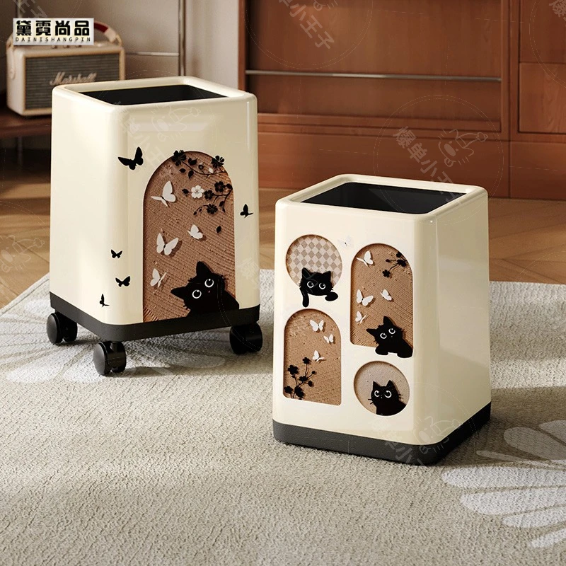 可移动垃圾桶家用中古风大容量高颜值可爱卡通卫生桶带轮子