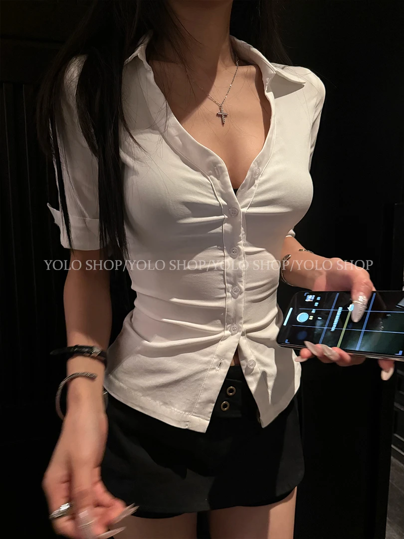 YOLO SHOP 白色polo衫T恤女正肩收腰修身气质衬衫女夏季新款上衣