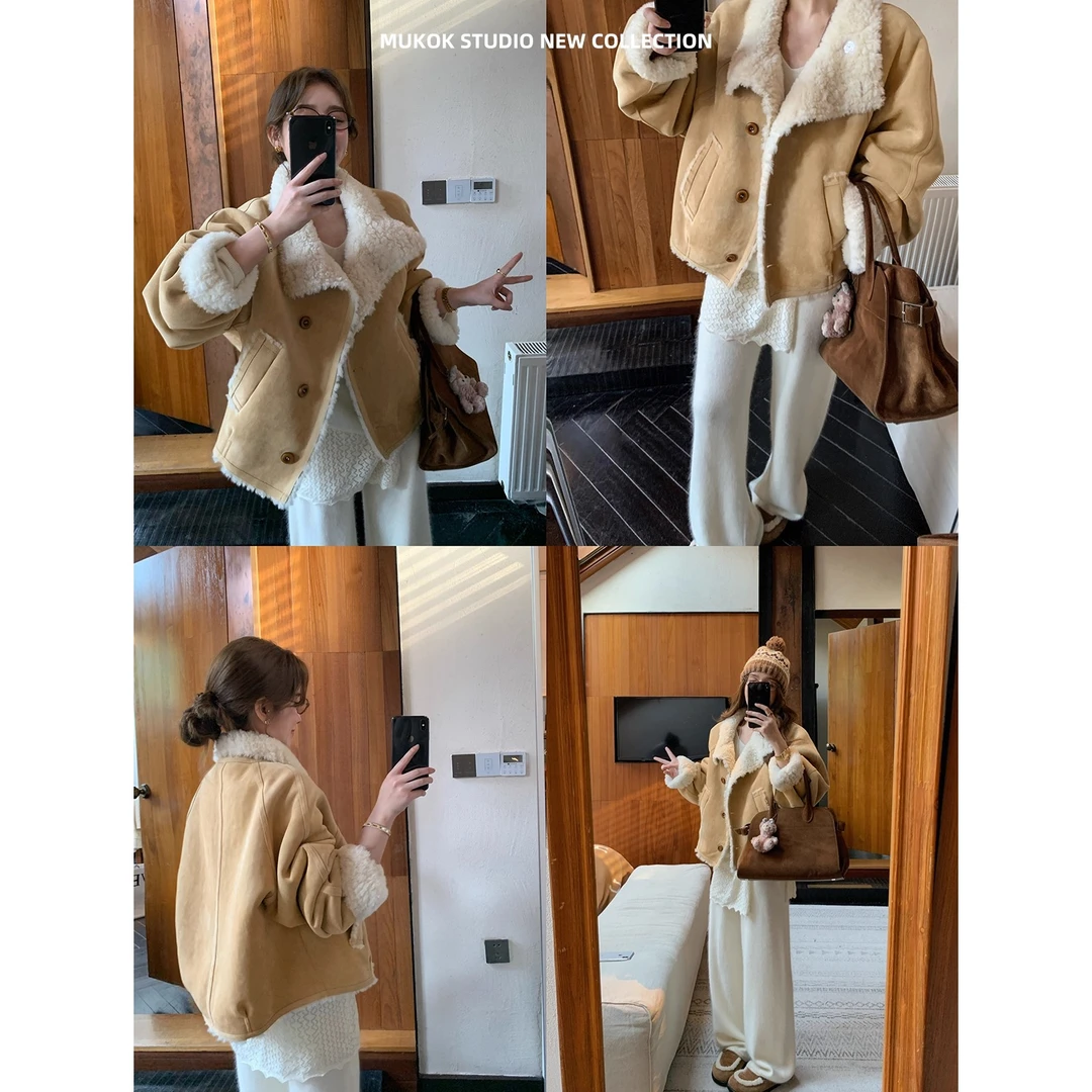 秋冬新款气质女装秀场廓形撞色皮毛一体环保加厚羊羔毛短外套上衣