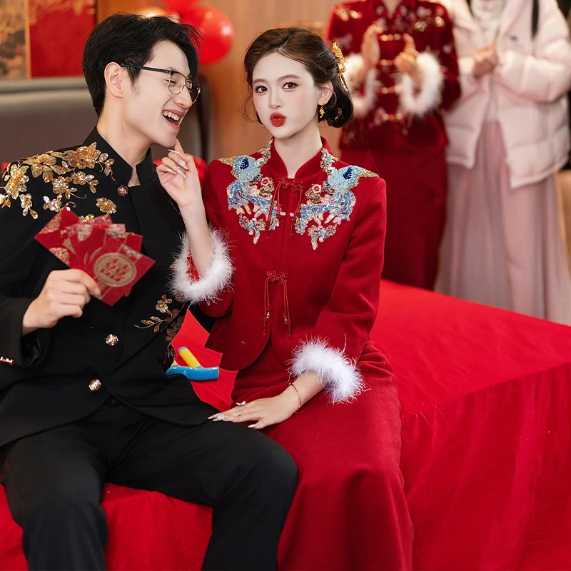 旗袍礼服结婚复古红色冬季订婚礼服法式新娘敬酒服红色加绒新中式