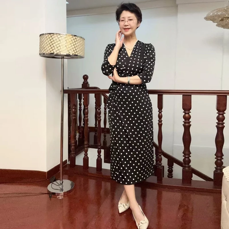 【玫瑰专属】经典名媛优雅时尚波点连衣裙新款印花显瘦遮肚中长裙