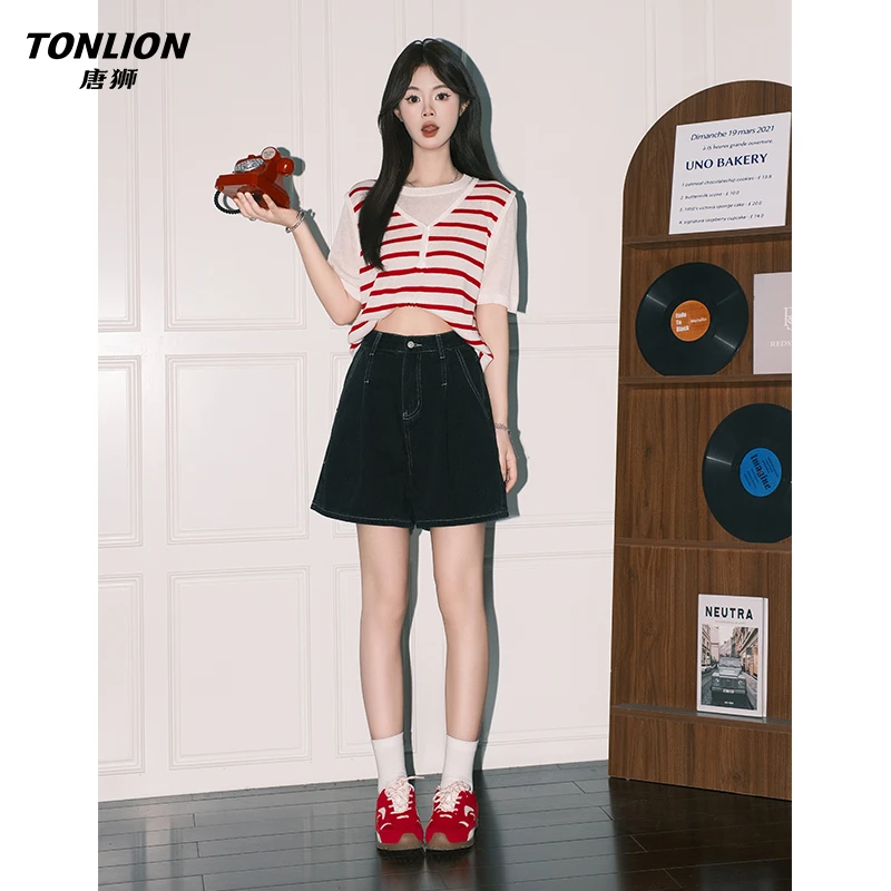 唐狮美式黑色宽松阔腿牛仔短裤女夏高腰A字梨形收褶显瘦包臀热裤