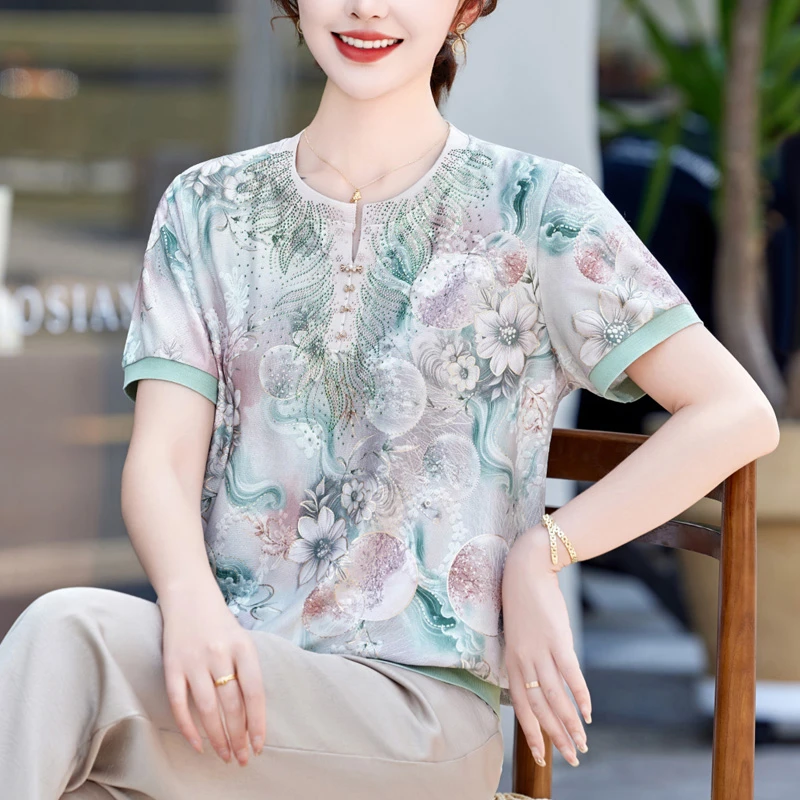 妈妈夏装短袖针织小衫洋气冰丝t恤中老年女装2025新款凉爽上衣服