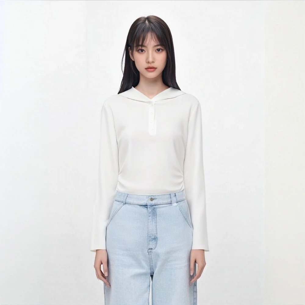 {YM}-25春秋新款腰间褶半开钉扣女长袖帽衫  纯色极简休闲百搭