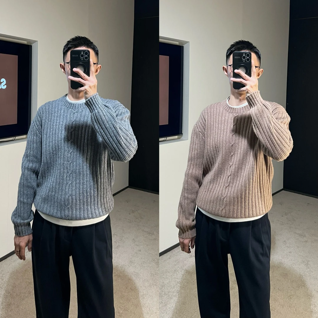 【慵懒奢暖】秋冬 L*P新澳美丽诺羊*毛粗针绞花圆领厚款针织毛衣男